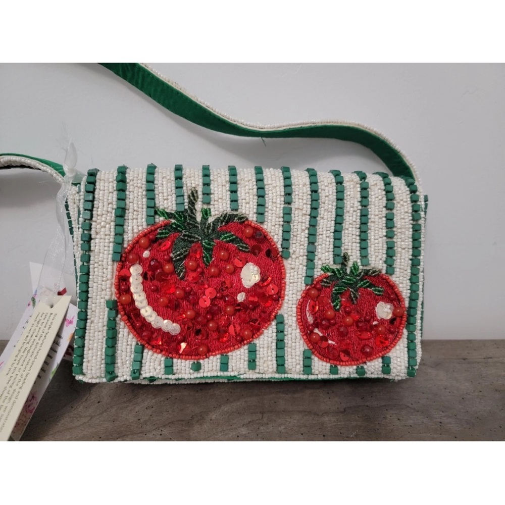 Beaded Strawberry Appliqué Green & White Shoulder Bag